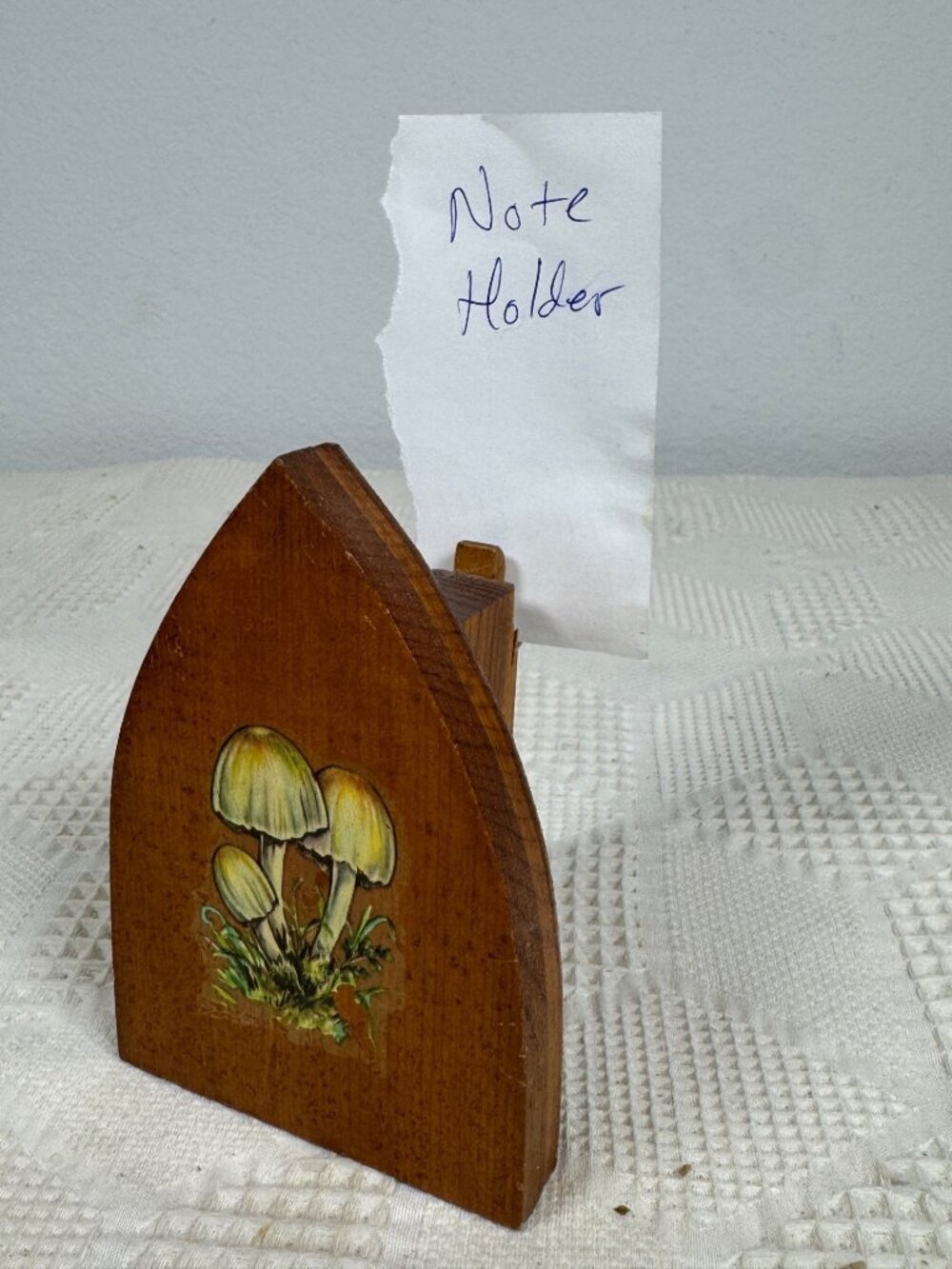 Vintage Wooden Note Photo or Recipe Holder w Clothes Iron Shape Mushroom Design